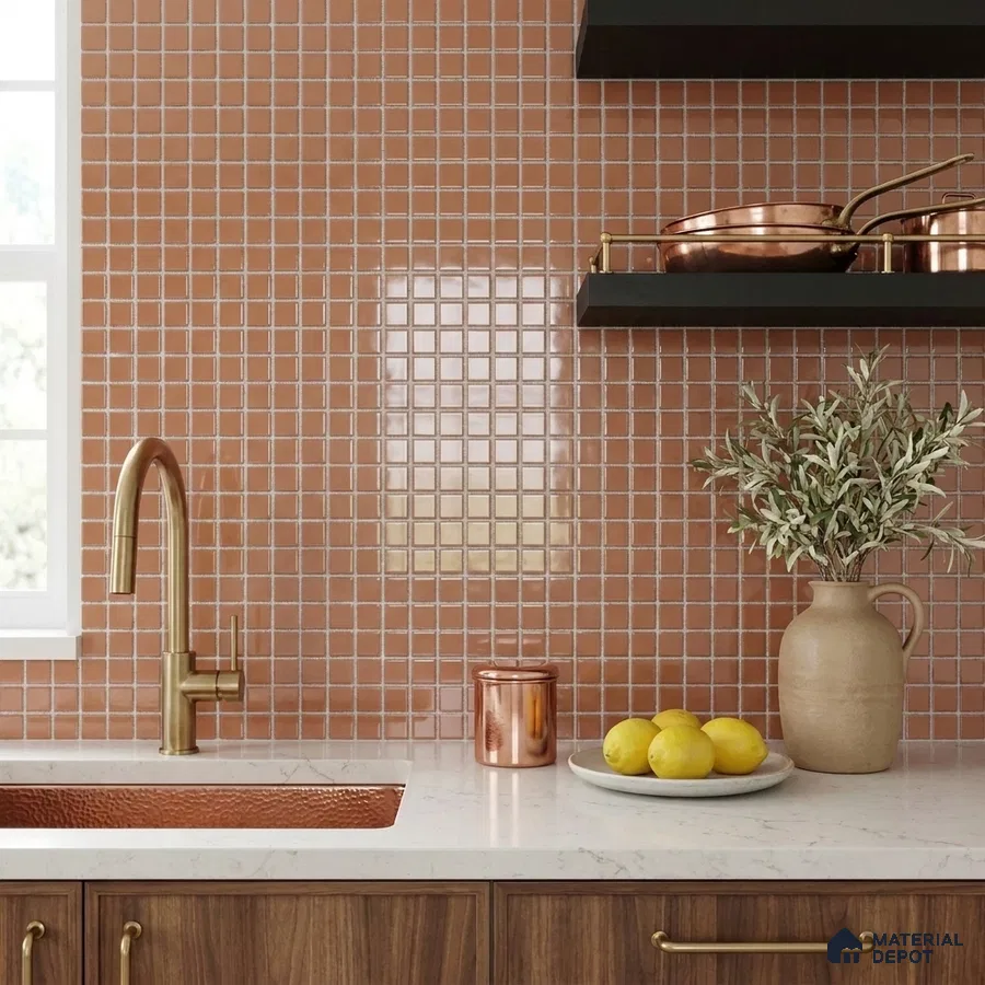 Modern Kitchen with Terracotta Rust Glass Mosaic Backsplash Tile and Walnut Cabinets
