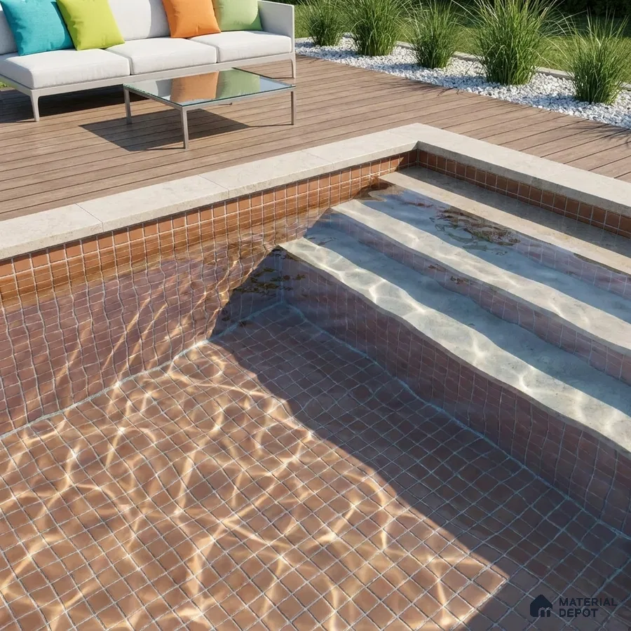 Modern Swimming Pool with Terracotta Brown Glass Mosaic Tile and Wooden Deck