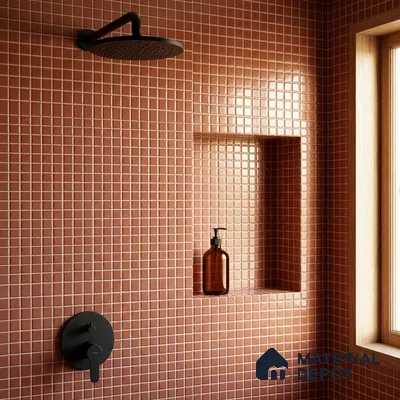 Modern Bathroom with Terracotta Brown Glass Mosaic Tile and Matte Black Fixtures