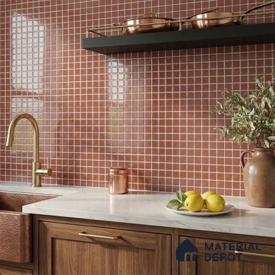 Modern Kitchen with Terracotta Brown Glass Mosaic Backsplash Tile and Walnut Cabinets