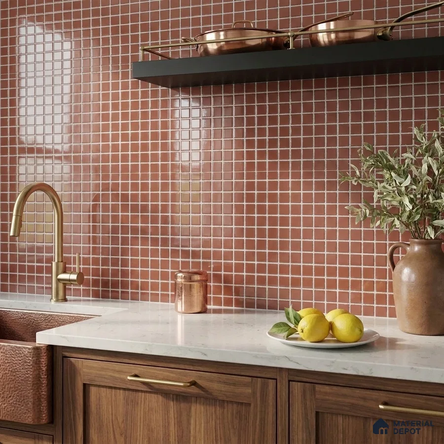 Modern Kitchen with Terracotta Brown Glass Mosaic Backsplash Tile and Walnut Cabinets