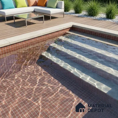Modern Swimming Pool with Terracotta Brown Glass Mosaic Tile and Wooden Deck