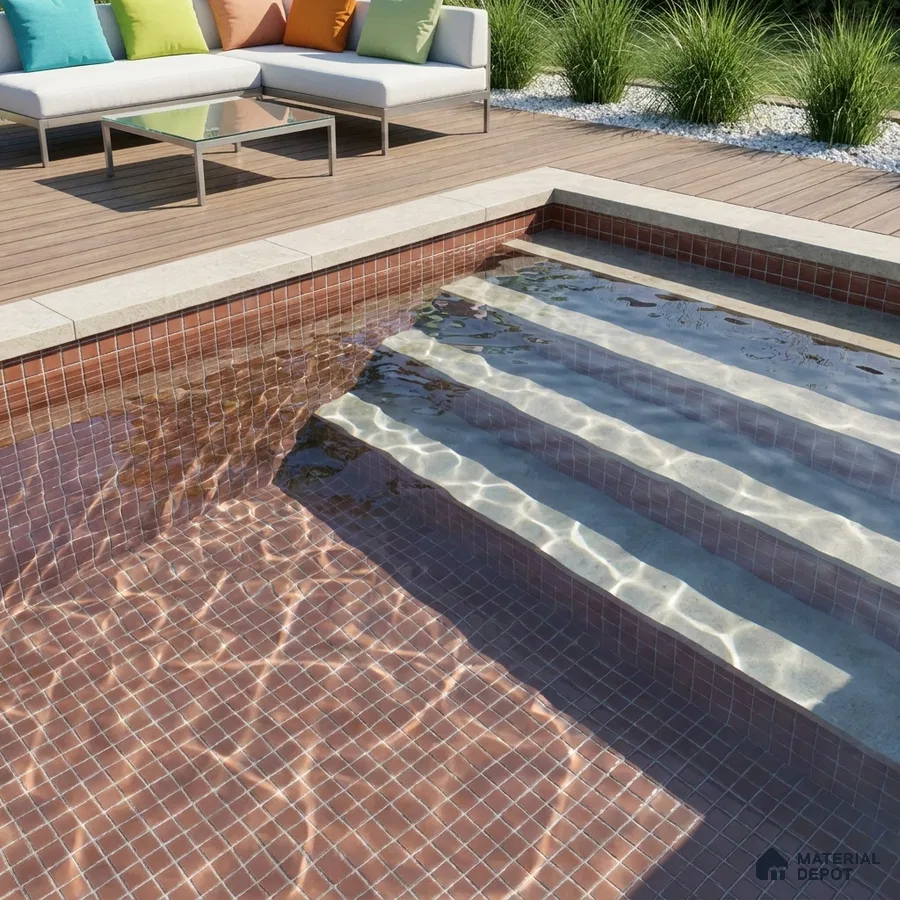 Modern Swimming Pool with Terracotta Brown Glass Mosaic Tile and Wooden Deck