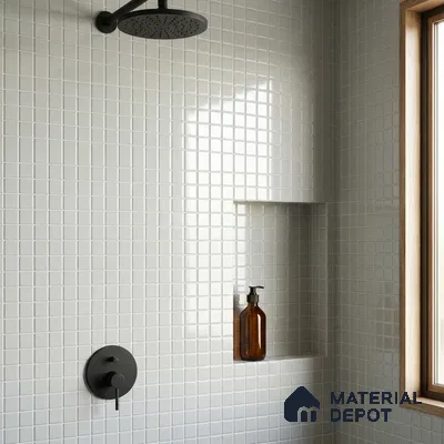 Modern Bathroom with Frosty White Glass Mosaic Tile and Matte Black Fixtures