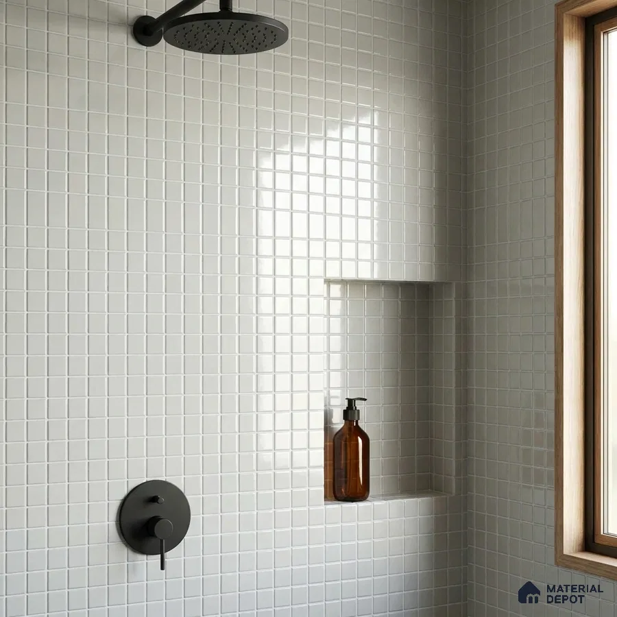 Modern Bathroom with Frosty White Glass Mosaic Tile and Matte Black Fixtures