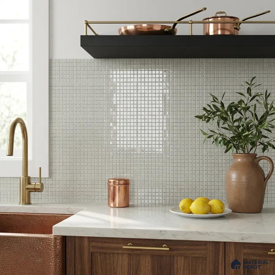 Modern Kitchen with Frosty White Glass Mosaic Backsplash Tile and Walnut Cabinets