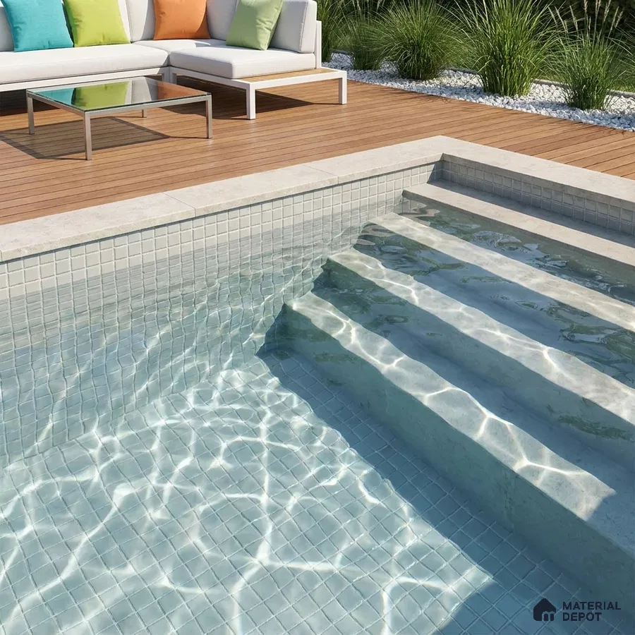 Modern Swimming Pool with Frosty White Glass Mosaic Tile and Wooden Deck
