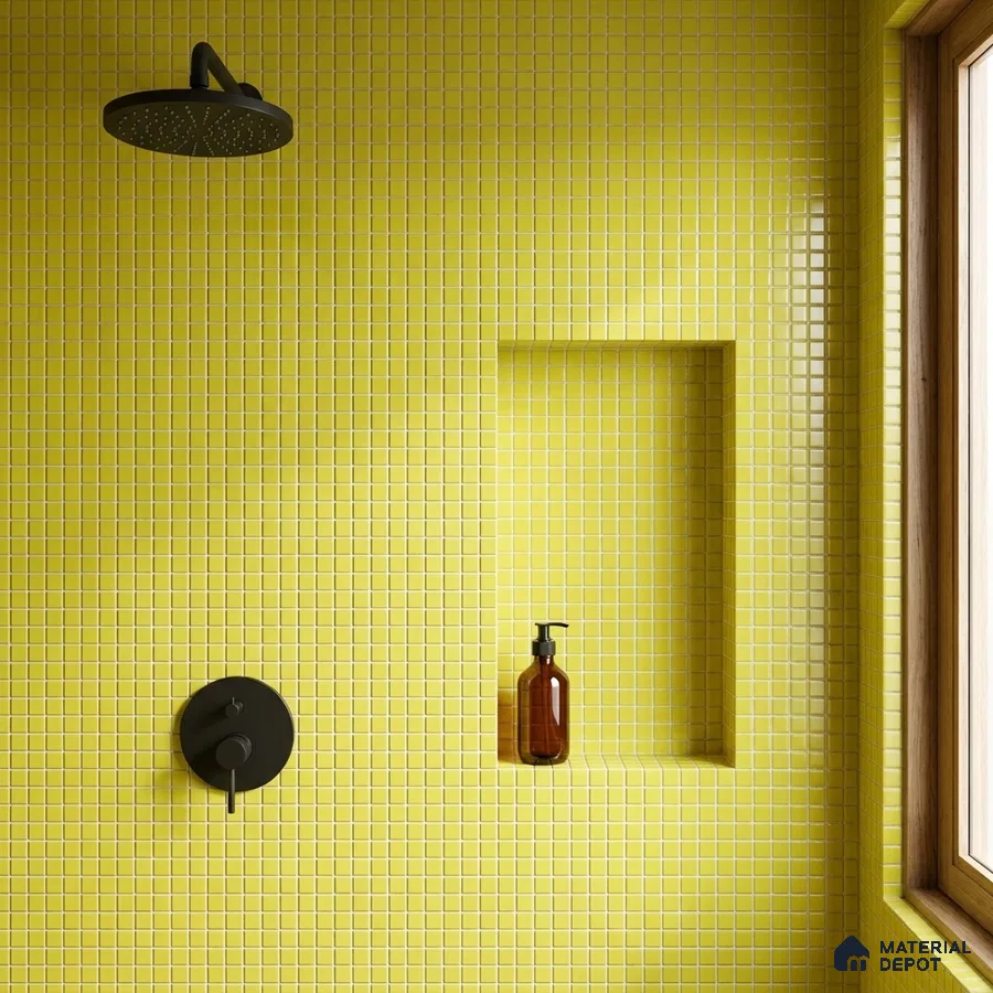 Modern Bathroom with Bright Yellow Glass Mosaic Tile and Matte Black Fixtures