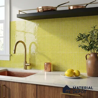 Modern Kitchen with Bright Yellow Glass Mosaic Backsplash Tile and Walnut Cabinets