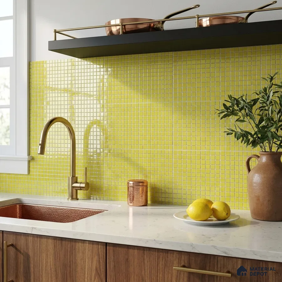 Modern Kitchen with Bright Yellow Glass Mosaic Backsplash Tile and Walnut Cabinets