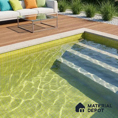 Modern Swimming Pool with Bright Yellow Glass Mosaic Tile and Wooden Deck