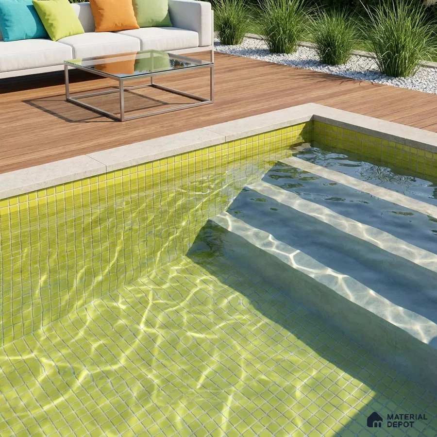 Modern Swimming Pool with Bright Yellow Glass Mosaic Tile and Wooden Deck