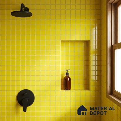 Modern Bathroom with Lemon Yellow Glass Tile and Matte Black Fixtures