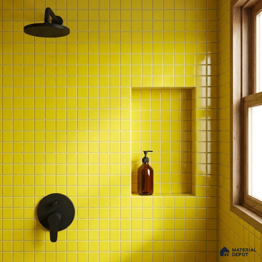 Modern Bathroom with Lemon Yellow Glass Tile and Matte Black Fixtures