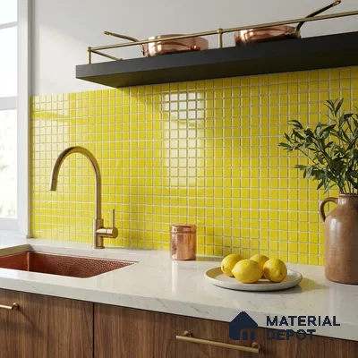 Modern Kitchen with Lemon Yellow Glass Mosaic Backsplash Tile and Walnut Cabinets