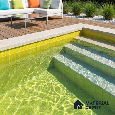 Modern Swimming Pool with Lemon Yellow Glass Mosaic Tile and Wooden Deck