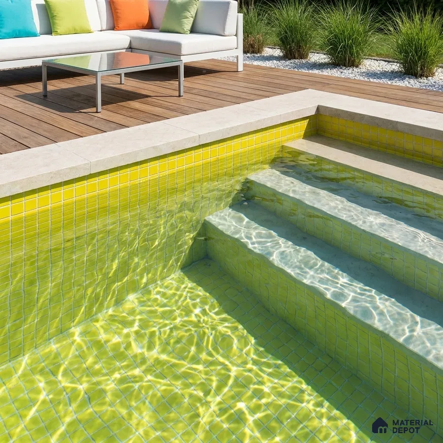 Modern Swimming Pool with Lemon Yellow Glass Mosaic Tile and Wooden Deck