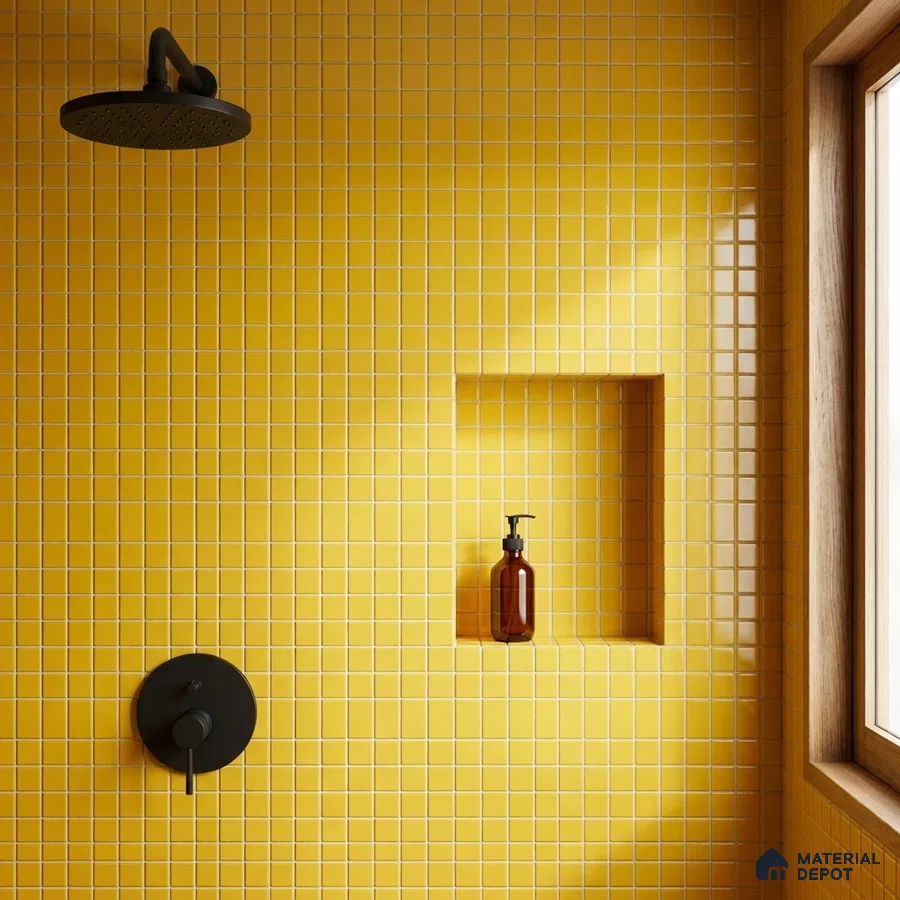 Modern Bathroom with Golden Yellow Glass Mosaic Tile and Matte Black Fixtures