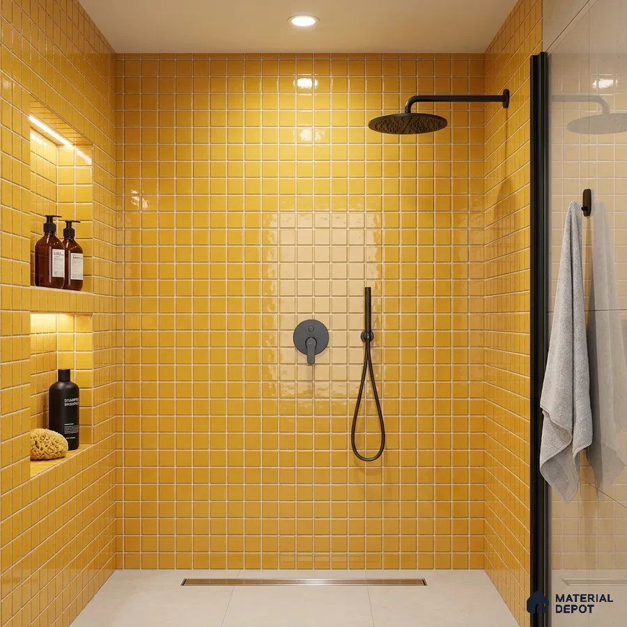 Modern Bathroom with Amber Yellow Glass Mosaic Tile and Matte Black Fixtures