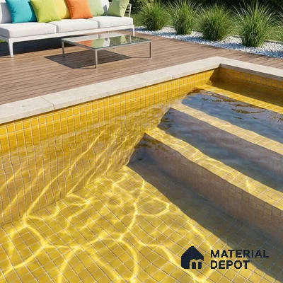 Modern Swimming Pool with Amber Yellow Glass Mosaic Tile and Wooden Deck