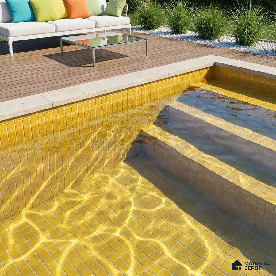 Modern Swimming Pool with Amber Yellow Glass Mosaic Tile and Wooden Deck