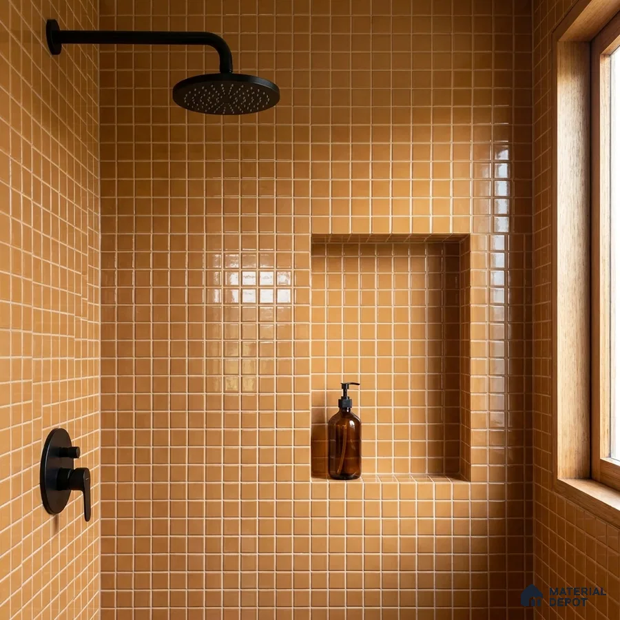 Modern Bathroom with Ochre Amber Glass Mosaic Tile and Matte Black Fixtures