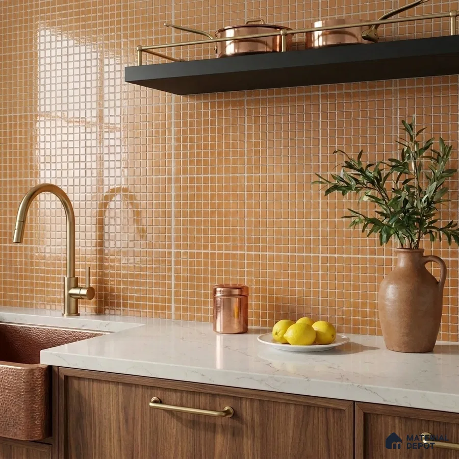 Modern Kitchen with Amber Glass Mosaic Backsplash Tile and Walnut Cabinets