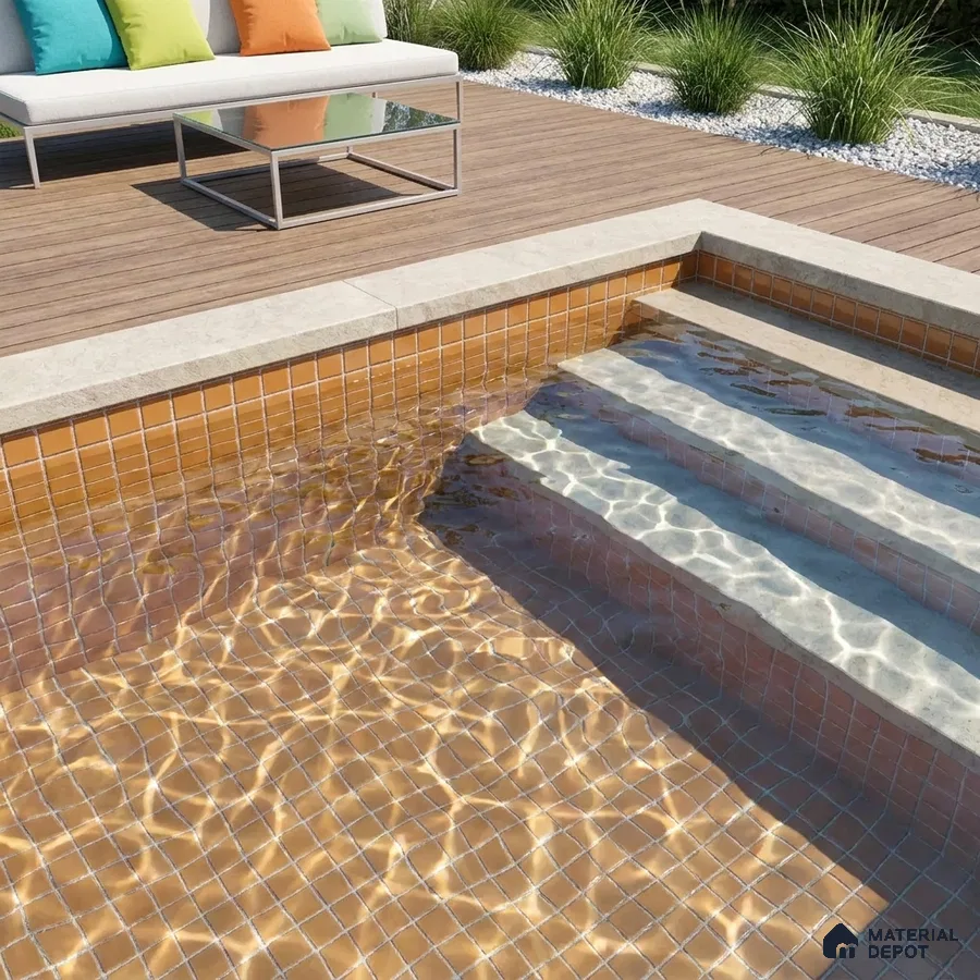 Modern Swimming Pool with Amber Glass Mosaic Tile and Wooden Deck