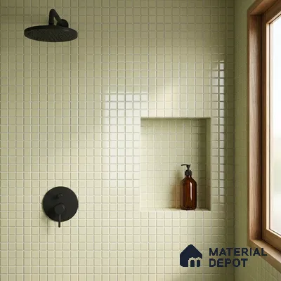 Modern Bathroom with Sage Green Glass Mosaic Shower Tile