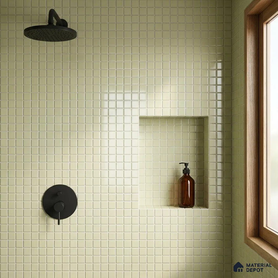 Modern Bathroom with Sage Green Glass Mosaic Shower Tile
