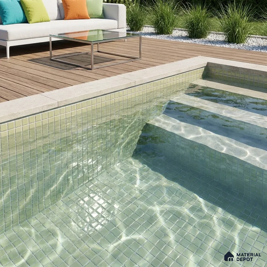 Modern Swimming Pool with Sage Green Glass Mosaic Tile and Wooden Deck
