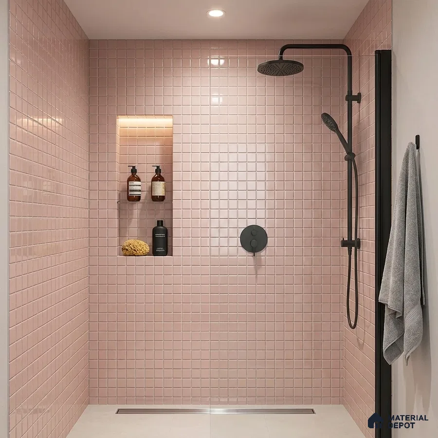Modern Bathroom with Blush Pink Glass Mosaic Shower Tile