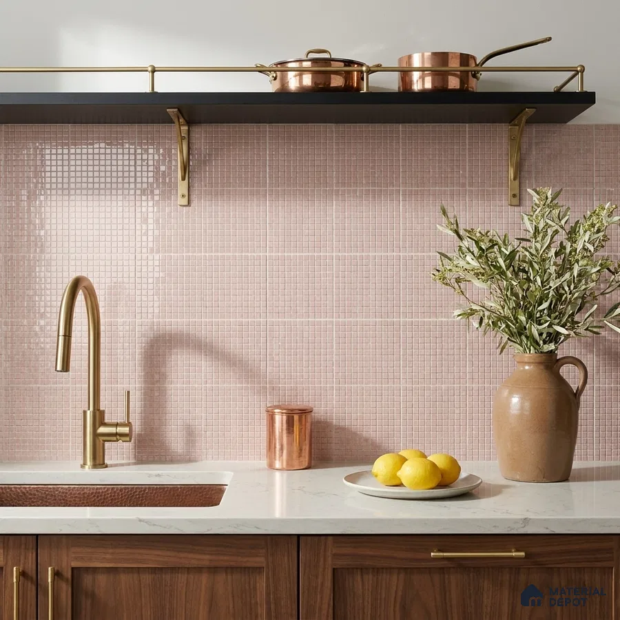 Modern Kitchen with Dusty Pink Glass Mosaic Backsplash Tile and Walnut Cabinets