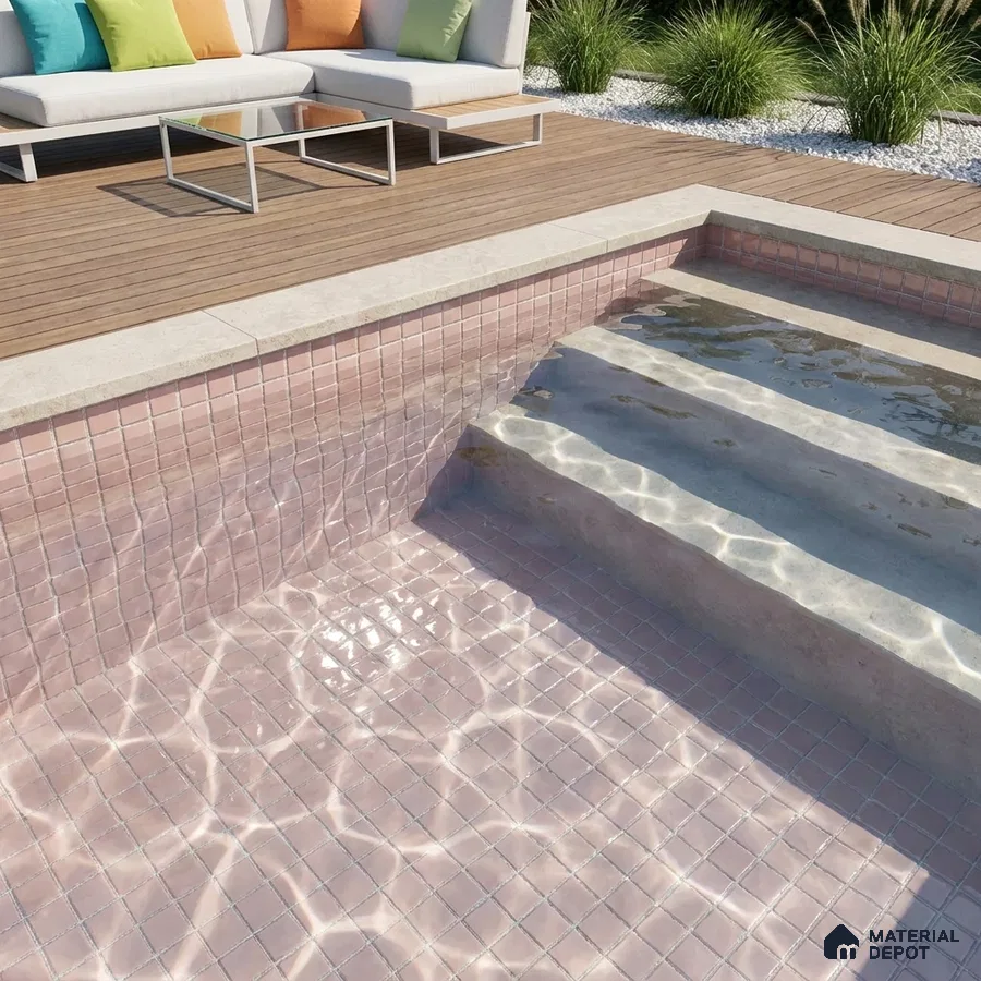 Modern Swimming Pool with Dusty Pink Glass Mosaic Tile and Wooden Deck