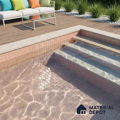 Modern Swimming Pool with Peach Glass Mosaic Tile and Wooden Deck