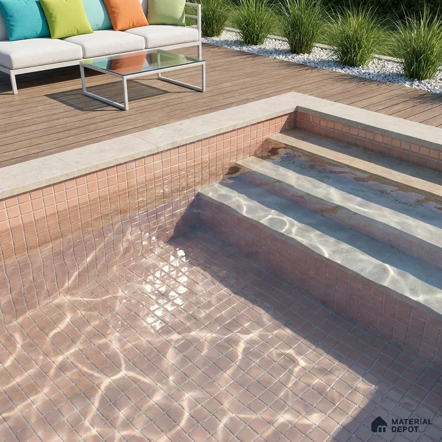 Modern Swimming Pool with Peach Glass Mosaic Tile and Wooden Deck