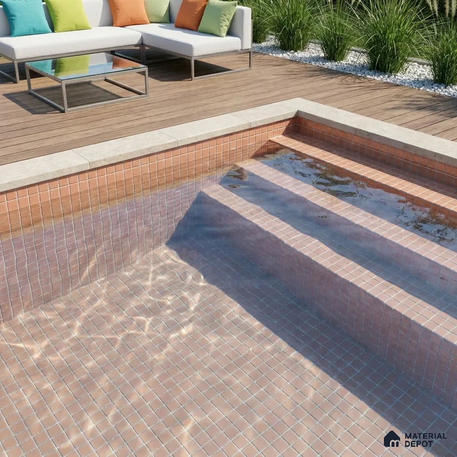 Modern Swimming Pool with Terracotta Glass Mosaic Tile and Wooden Deck