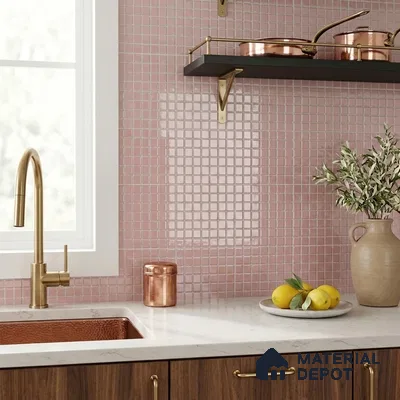 Modern Kitchen with Dusty Rose Pink Glass Mosaic Backsplash Tile and Walnut Cabinets