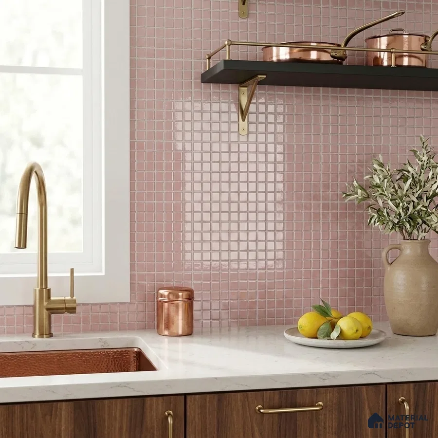 Modern Kitchen with Dusty Rose Pink Glass Mosaic Backsplash Tile and Walnut Cabinets