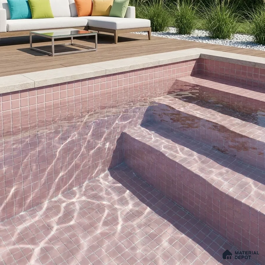 Modern Swimming Pool with Mauve Pink Glass Mosaic Tile and Wooden Deck
