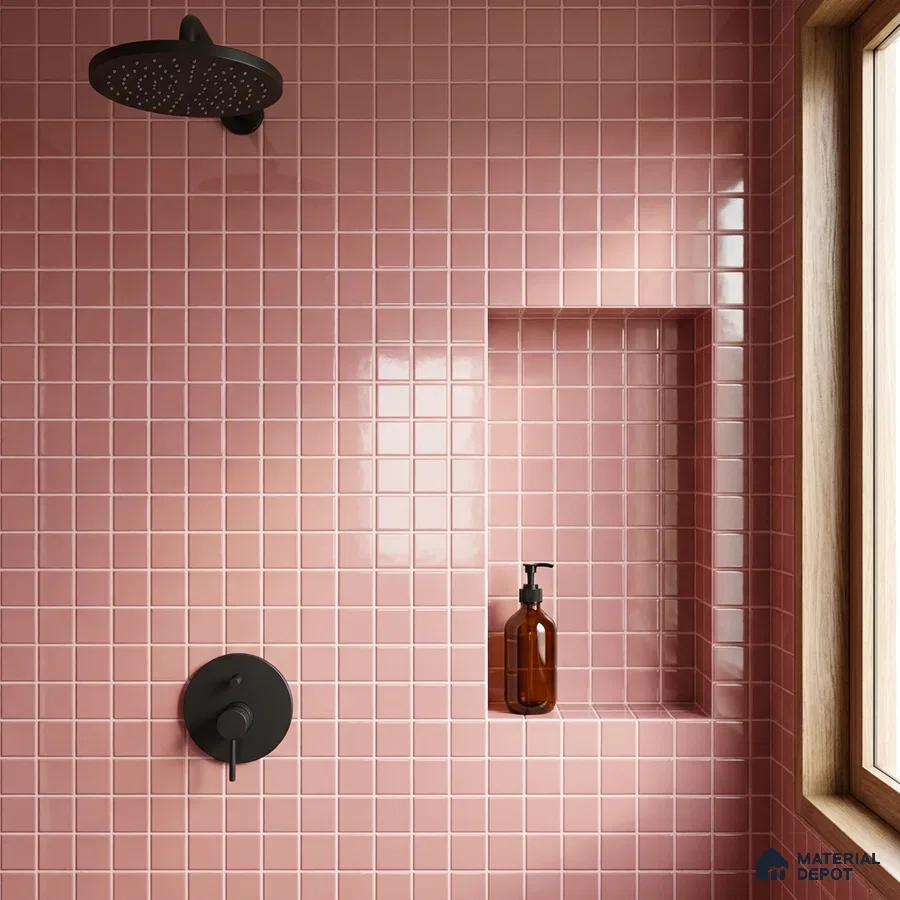Modern Bathroom with Rose Pink Glass Mosaic Shower Tile
