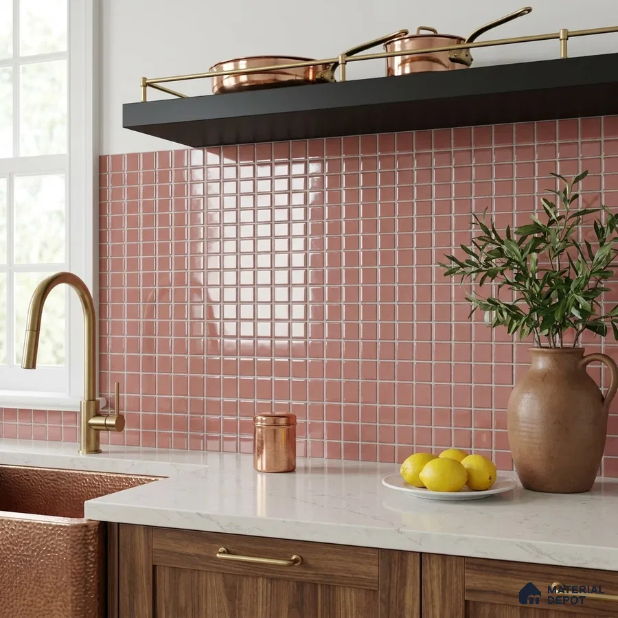 Modern Kitchen with Rose Pink Glass Mosaic Backsplash Tile and Walnut Cabinets