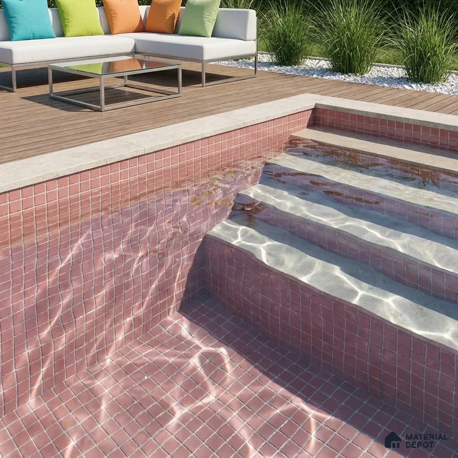 Modern Swimming Pool with Rose Pink Glass Mosaic Tile and Wooden Deck