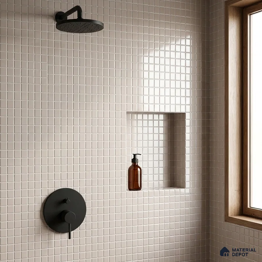 Modern Bathroom with Frosty White Glass Mosaic Wall Tile and Black Fixtures
