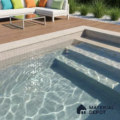 Modern Swimming Pool with Frosty White Glass Mosaic Tile and Wooden Deck