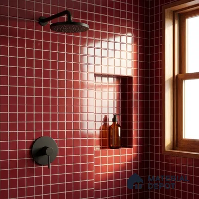 Modern Bathroom with Deep Red Glass Mosaic Wall Tile and Black Fixtures