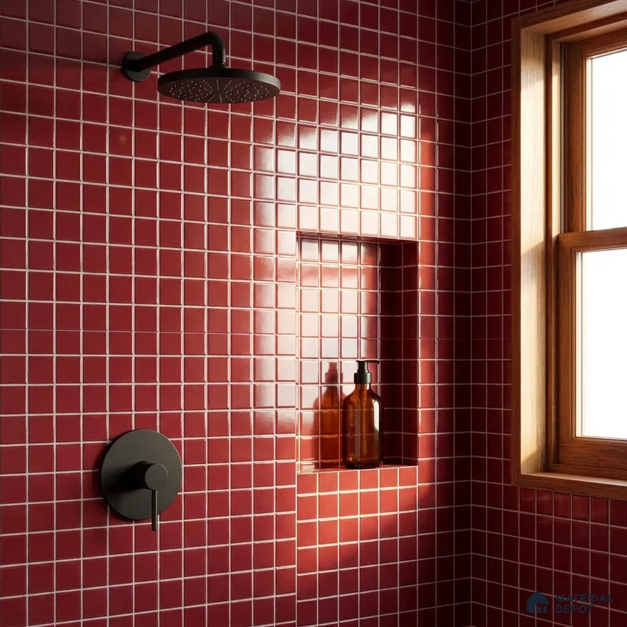 Modern Bathroom with Deep Red Glass Mosaic Wall Tile and Black Fixtures