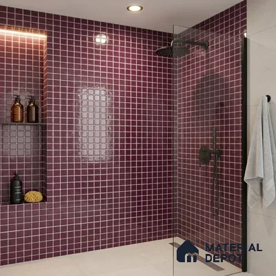 Modern Bathroom with Burgundy Plum Glass Mosaic Wall Tile and Black Fixtures