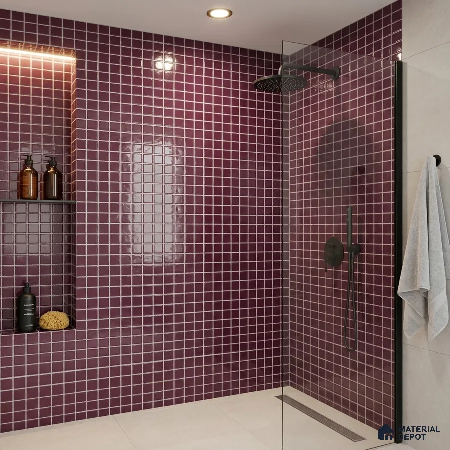 Modern Bathroom with Burgundy Plum Glass Mosaic Wall Tile and Black Fixtures
