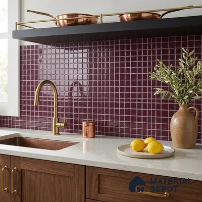 Modern Kitchen with Burgundy Plum Glass Mosaic Backsplash Tile and Walnut Cabinets